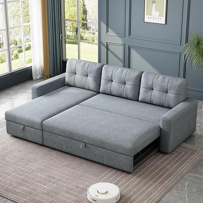 Corner sofa with pull-out bed, grey fabric, good condition